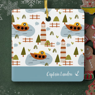 Nautical Lighthouse and Boat Kind Pattern Kerstmis Keramisch Ornament