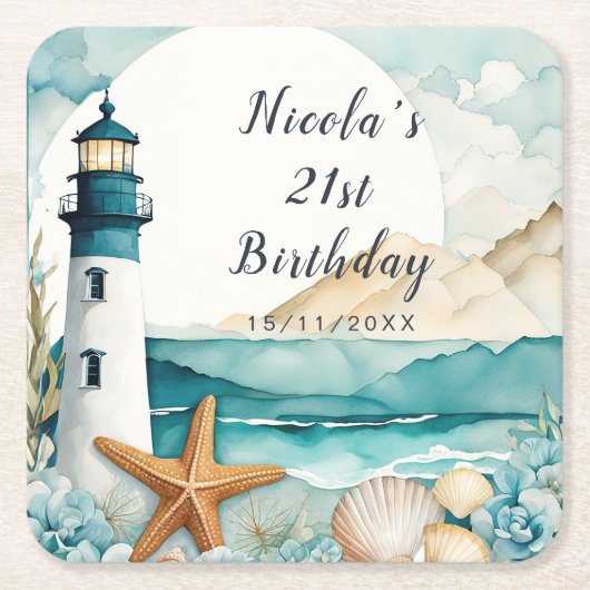 Nautical Lighthouse Birthday Vierkante Kartonnen Onderzetter (Voorkant)