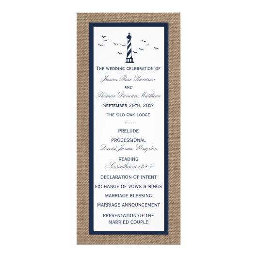 Nautical Lighthouse Burlap Wedding Programme (Devant)