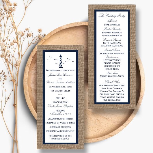 Nautical Lighthouse Burlap Wedding Programme