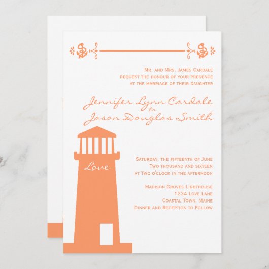 Nautical Lighthouse Coral Wedding Invitations (Devant / Derrière)