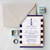 Nautical Lighthouse Navy Stripe Wedding Real Folie Uitnodiging