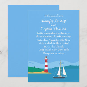 Nautical Lighthouse & Sailboat Blue Ocean Wedding Kaart
