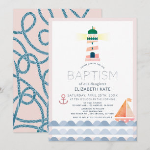 Nautical Lighthouse Sailboat Pink Girl Baptism Inv Kaart