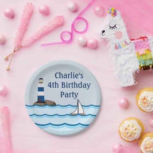 Nautical Lighthouse Scene Custom Birthday Papieren Bordje (Feest)