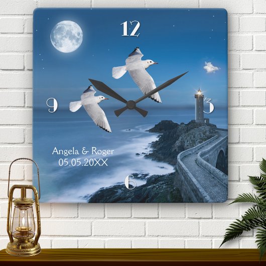 Nautical Lighthouse Seagulls Wedding Clock Vierkante Klok