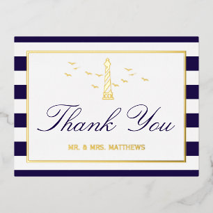 Nautical Lighthouse Wedding Dank je echte Folie Uitnodiging Briefkaart
