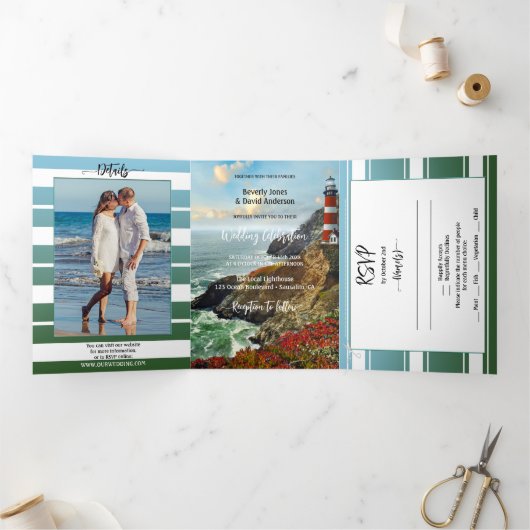 Nautical Lighthouse Wedding Tri-voudig Uitnodiging (Binnen)