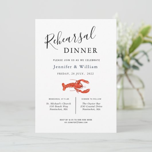 Nautical Lobster bruiloft Rehearsal Dinner Aankondiging (Staand voorkant)