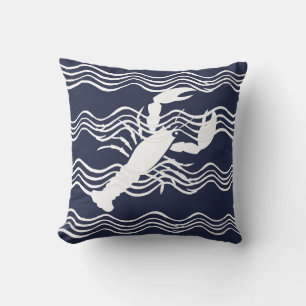 Nautical Lobster Navy Blue White Wave Stripes Kussen