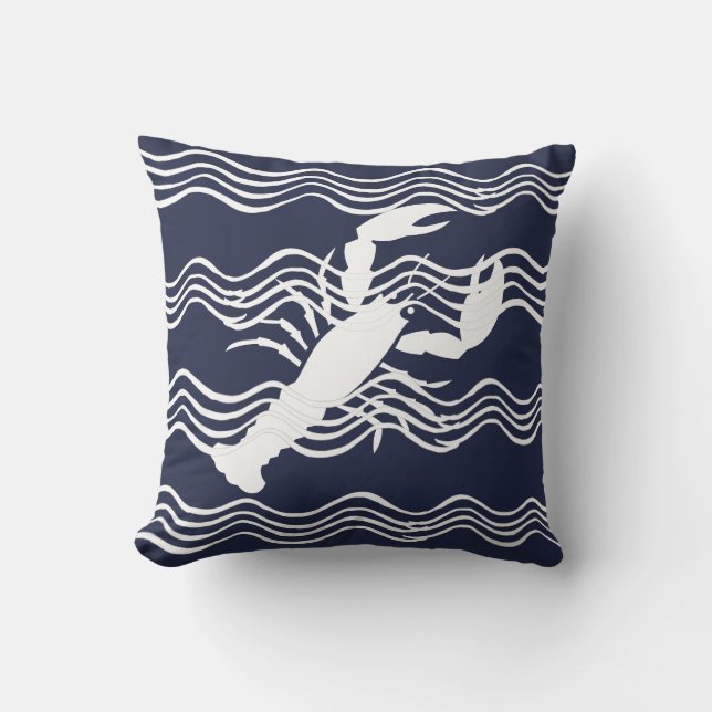 Nautical Lobster Navy Blue White Wave Stripes Kussen (Voorkant)