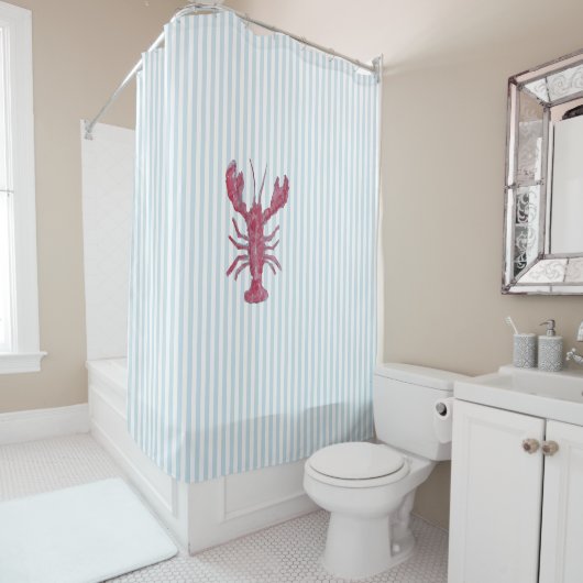 Nautical Lobster Stripe Pattern Coastal  Douchegordijn (In situ)
