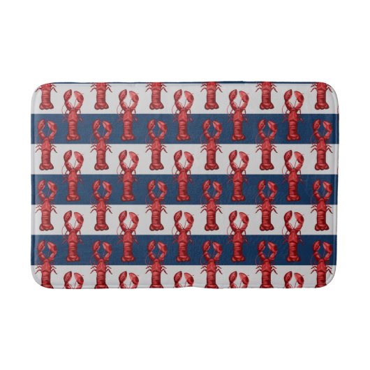 Nautical Lobsters on Navy Blue and Grey Stripes Badmat (Voorkant)