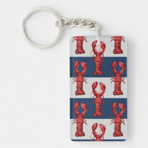 Nautical Lobsters on Navy Blue and Grey Stripes Sleutelhanger