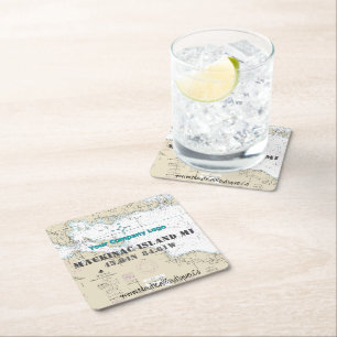 Nautical Logo Latitude Longitude Mackinac Island Vierkante Kartonnen Onderzetter