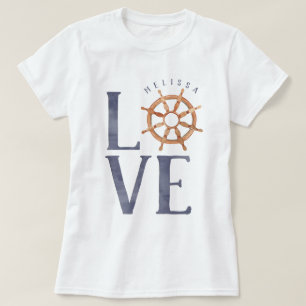 Nautical Love Waterverf Typografie + Ship's Wheel T-shirt