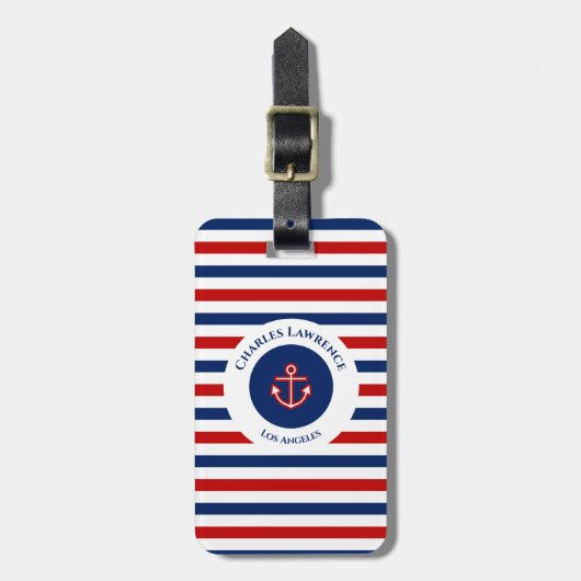 Nautical Marine Navy Blue Red Stripes Bagagelabel (Voorkant verticaal)