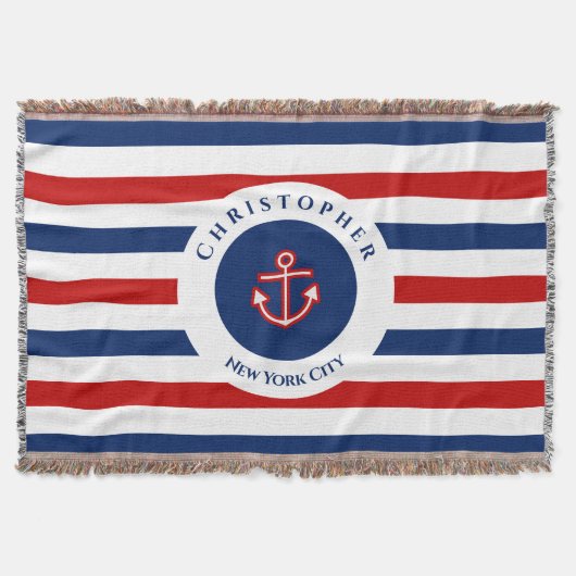 Nautical Marine Navy Blue Red Stripes Deken (Voorkant)