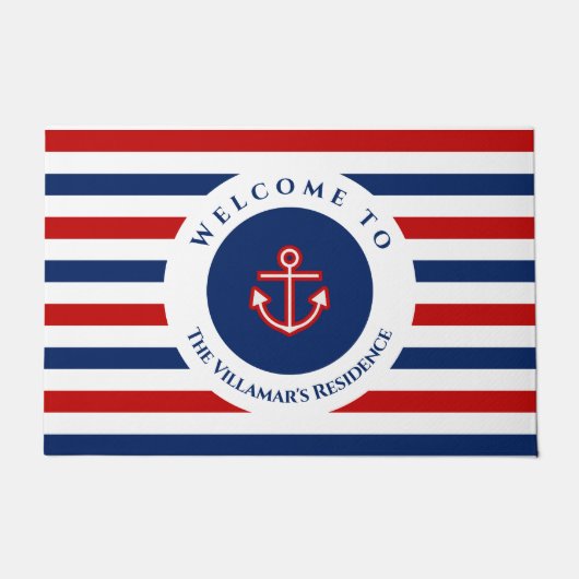 Nautical Marine Navy Blue Red Stripes Deurmat (Voorkant)