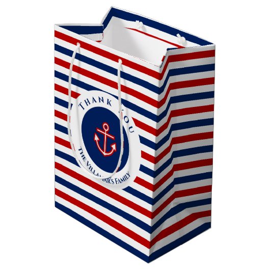 Nautical Marine Navy Blue Red Stripes Medium Cadeauzakje (Achterkant Gekanteld)