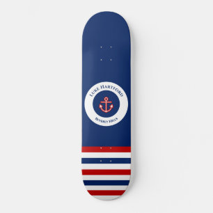 Nautical Marine Navy Blue Red Stripes Skateboard