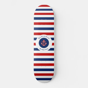 Nautical Marine Navy Blue Red Stripes Skateboard