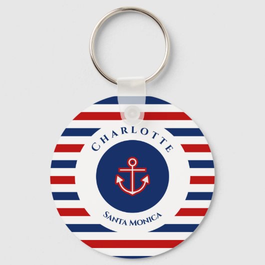 Nautical Marine Navy Blue Red Stripes Sleutelhanger (Voorkant)
