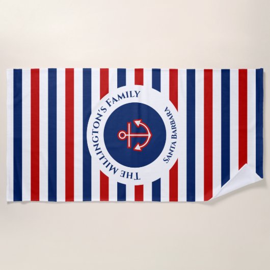 Nautical Marine Navy Blue Red Stripes Strandlaken (Voorkant)