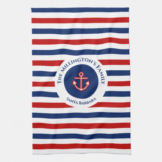 Nautical Marine Navy Blue Red Stripes Theedoek (Verticaal)
