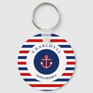 Nautical Marine Navy Blue Red White Stripes Sleutelhanger