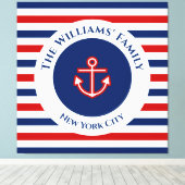 Nautical Marine Navy Blue White Stripes Anchor Canvas Afdruk (Insitu (Houten vloer))