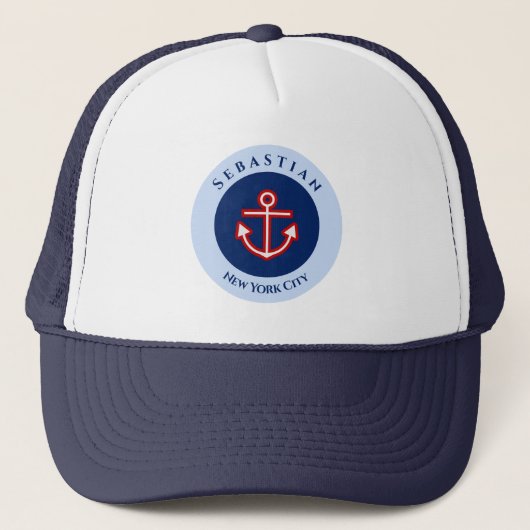 Nautical Marine Navy Blue White Stripes Anchor Trucker Pet (Voorkant)