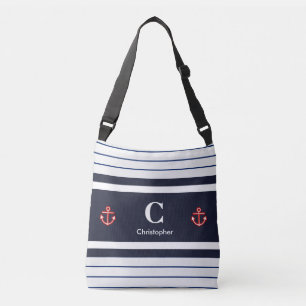 Nautical Marine Navy Blue White Stripes Crossbody Tas