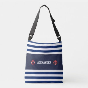 Nautical Marine Navy Blue White Stripes Crossbody Tas
