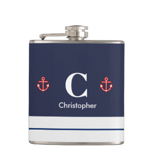 Nautical Marine Navy Blue White Stripes Heupfles