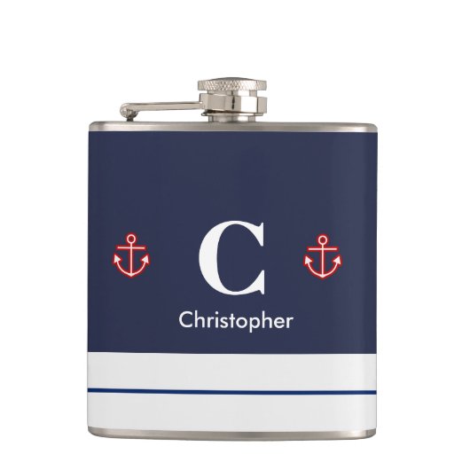 Nautical Marine Navy Blue White Stripes Heupfles (Voorkant)