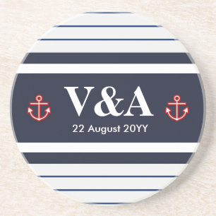 Nautical Marine Navy Blue White Stripes Zandsteen Onderzetter