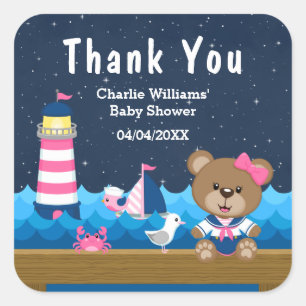 Nautical Meisje Beer Roze Baby Shower Bedankt Vierkante Sticker