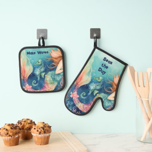Nautical Mermaid Seahorse Inspirerend Gezegden Ovenwant & Pannenlap Set (Insitu(Ophanging))