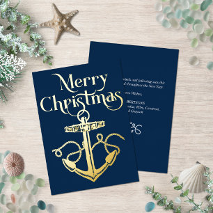 Nautical Merry Christmas Anchor Navy Gold  Folie Feestdagenkaart