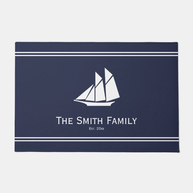 Nautical Midnight Blue and White Sailboat Name Deurmat (Voorkant)