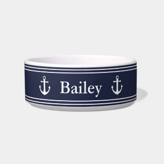Nautical Midnight Blue met naam en witte kleuren Voerbakje