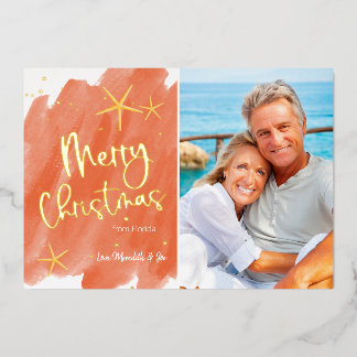 Nautical Minimalist Coral & Gold Waterverf Folie Feestdagenkaart