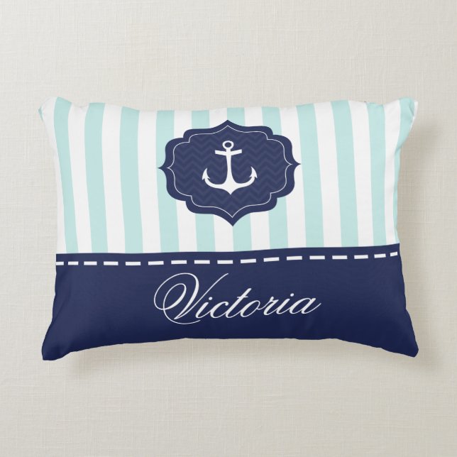 Nautical Mint Navy Blue Anchor Custom Name Accent Kussen (Voorkant)