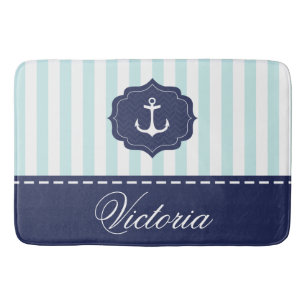 Nautical Mint Navy Blue Anchor Custom Name Badmat