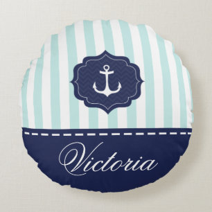 Nautical Mint Navy Blue Anchor Custom Name Rond Kussen