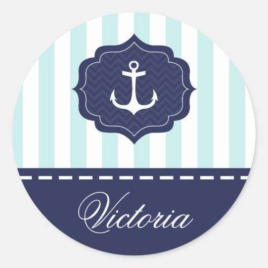 Nautical Mint Navy Blue Anchor Custom Name Ronde Sticker (Voorkant)