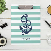 Nautical Mint Stripe & Navy Anchor Personalized Klembord