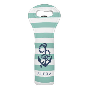 Nautical Mint Stripe & Navy Anchor Personalized Wijndraagtas