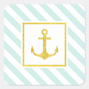Nautical Mint Stripes Faux Glitter Anchor Vierkante Sticker